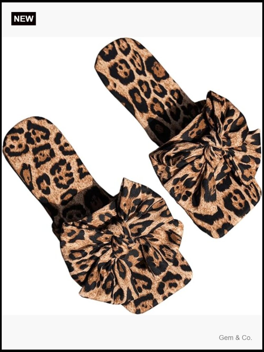 Leopard Bow Cute Flat Sandals Slide Square Toe Summer Womens